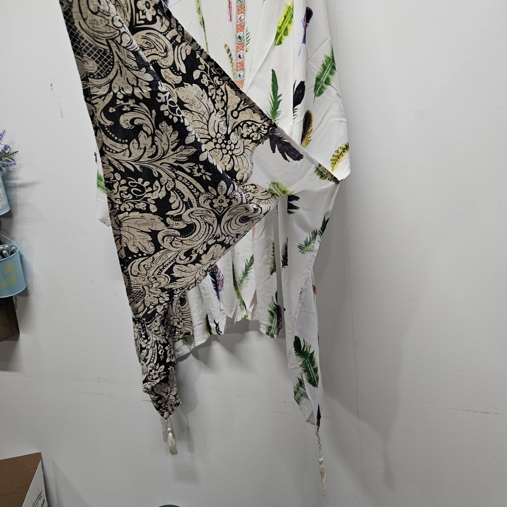 UMGEE Kimono Duster Cardigan Size XL/1XL Feather Print Tassel Boho Festival - Picture 6 of 11